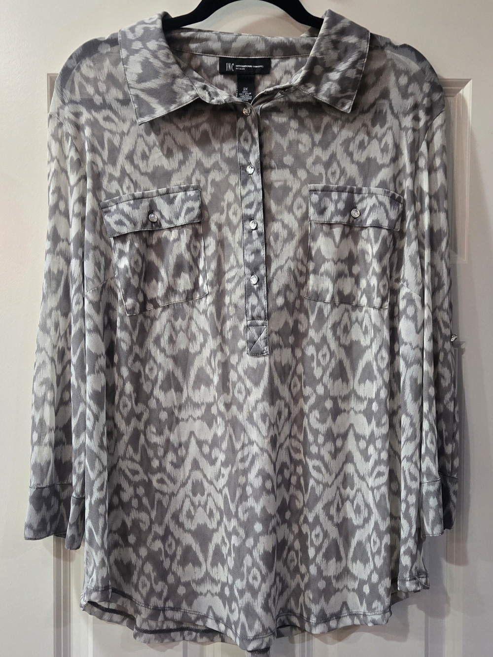 INC International Concepts Women's 2X Gray/White Geometric Sheer Mesh Blouse